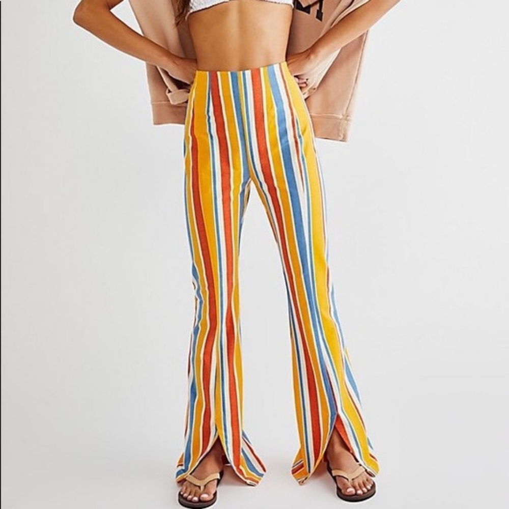 Free People Real Deal Striped Front Split Slit Flare Pants • Size L • New